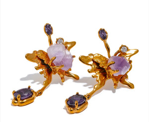 Dade Purple Natural Stone Butterfly Gold Earrings