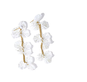 Tiff Resin Flower Long Drop Earrings - Elegant Stainless Steel with Imitation Pearls