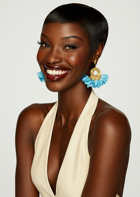 Salma – Gold-Plated Shell & Blue Floral Fabric Drop Earrings