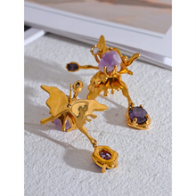 Charger l&#39;image dans la galerie, Limited edition Dade Purple Natural Stone Butterfly Gold Earrings