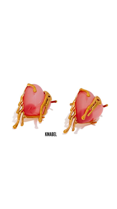 Kejie Stainless Steel Cast Sweet Pink Resin Heart Stud Earrings