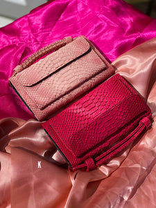 (Pre-order)Bright Pink  Embossed Vegan Leather Double-Purse Crossbody Bag